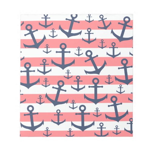 Nautical coral stripe navy blue anchor pattern notepad