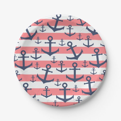 Nautical coral stripe navy blue anchor pattern paper plates