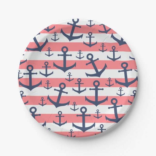 Nautical coral stripe navy blue anchor pattern paper plates (Front)