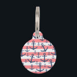 Nautical coral stripe navy blue anchor pattern pet ID tag<br><div class="desc">Summer design featuring navy blue anchor pattern on a coral and white stripe background.</div>