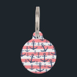 Nautical coral stripe navy blue anchor pattern pet ID tag<br><div class="desc">Summer design featuring navy blue anchor pattern on a coral and white stripe background.</div>