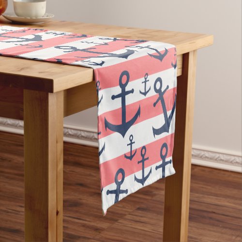 Nautical coral stripe navy blue anchor pattern short table runner