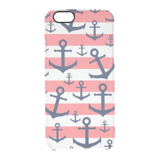 Nautical coral stripe navy blue anchor pattern clear iPhone 6/6S case