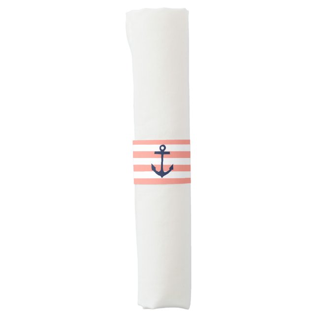 Nautical Coral Striped/Navy Anchor Simple Napkin Bands (Front)
