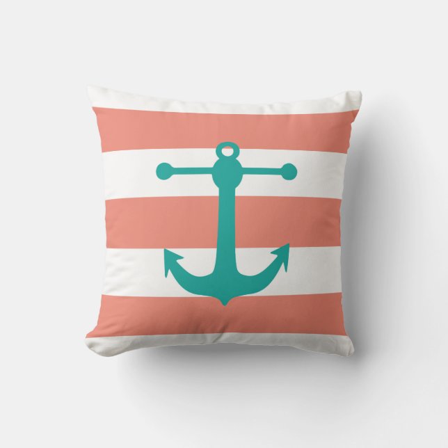 Nautical Coral & Turquoise Throw Pillow (Front)
