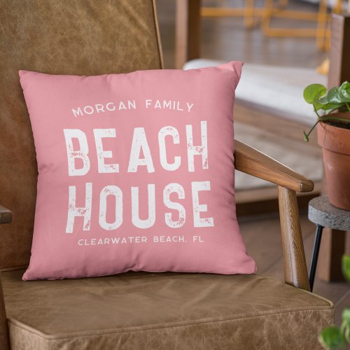 Nautical Coral  White Beach House Family Name Throw Pillow