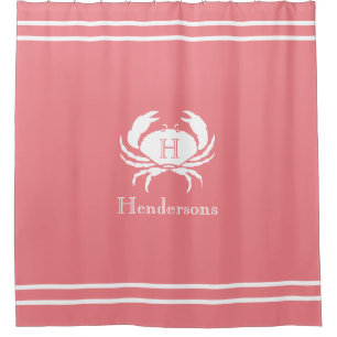 Nautical Coral White Crab Monogram Name Shower Curtain