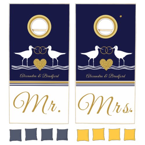 Nautical Couple Mr Mrs Wedding navy  gold bird Cornhole Set