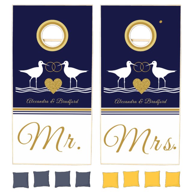 Nautical Couple Mr Mrs Wedding navy  gold bird Cornhole Set (Set)