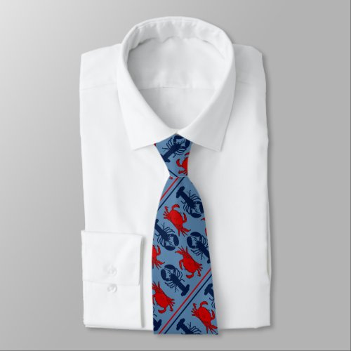 Nautical Crab and Lobsters Blue Diagonal Tie