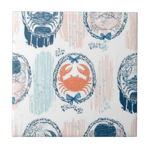 Nautical Crab Blue Orange Coastal Striped Pattern Ceramic Tile
