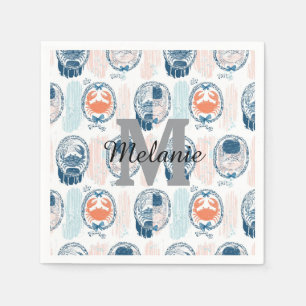 Nautical Crab Blue Orange Coastal Striped Pattern Napkins