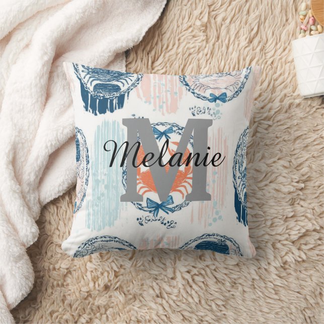 Nautical Crab Blue Orange Coastal Striped Pattern Throw Pillow (Blanket)