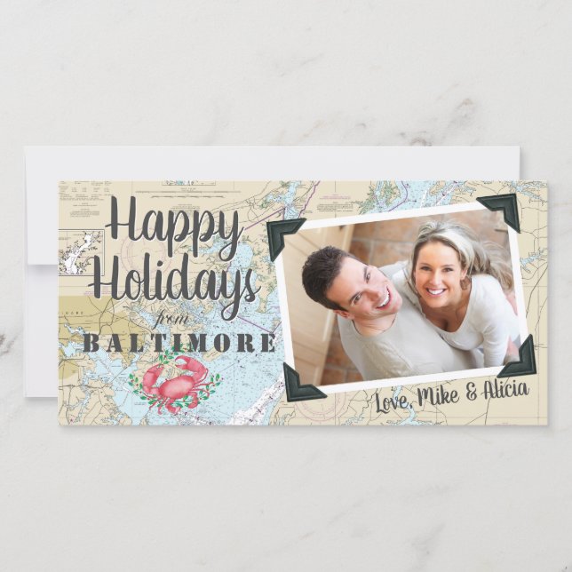 Nautical Crab + Chesapeake Maryland Bay Photo Holiday Card (Front)