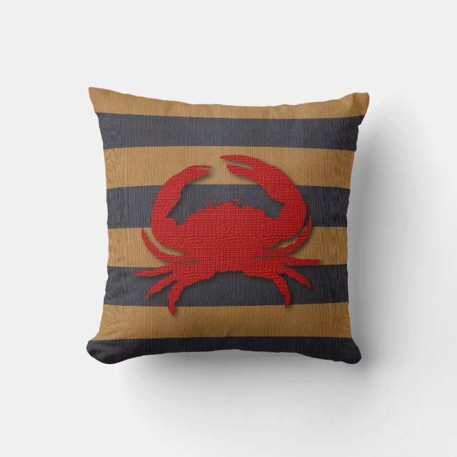 Nautical Crab & Faux Burlap Stripes Throw Pillow (Front)
