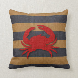 Nautical Crab & Faux Burlap Stripes Throw Pillow