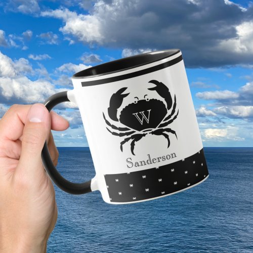  Nautical Crab Monogrammed Black and White Mug