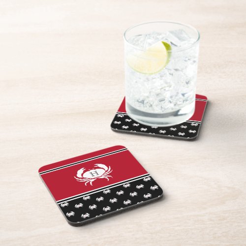  Nautical Crab Monogrammed Red Black White Beverage Coaster