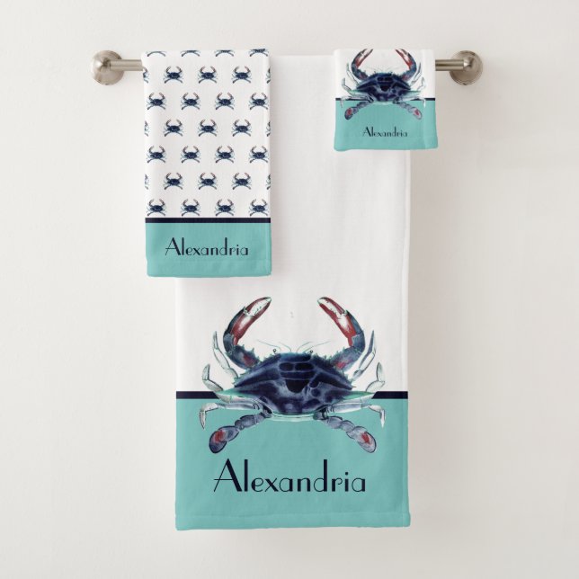 Nautical Crab Navy Blue Teal White Bath Towel Set (Insitu)