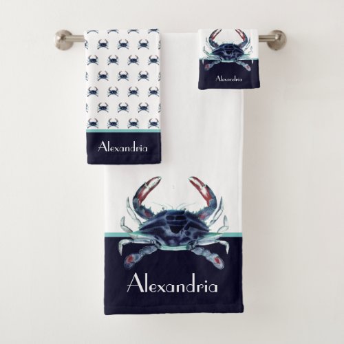 Nautical Crab Navy Blue Teal White Bath Towel Set