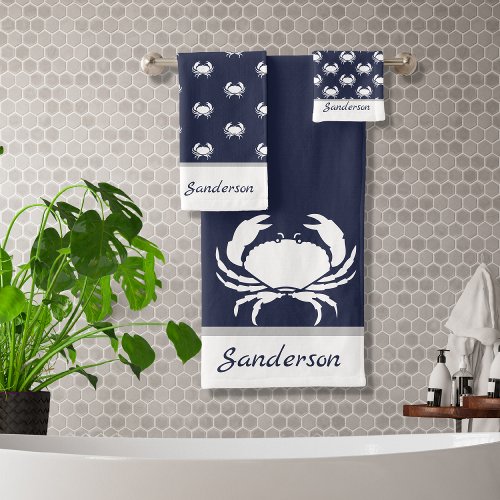 Nautical crab navy blue white monogram  bath towel set