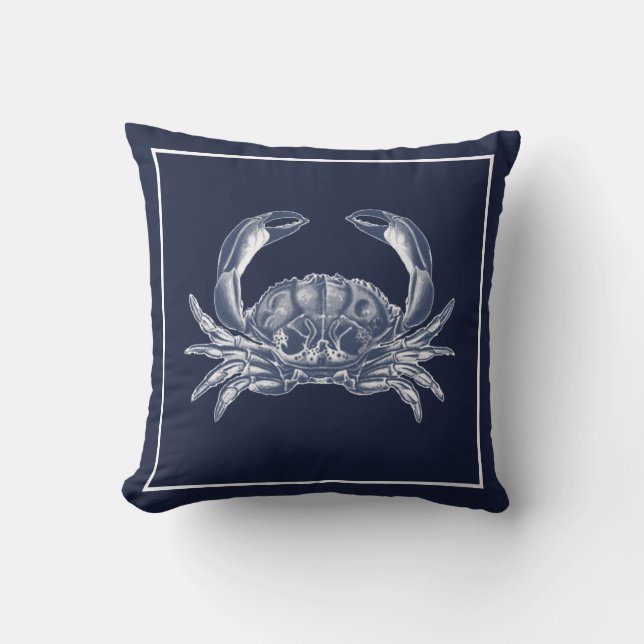 Nautical Crab Navy Blue White Throw Pillow (Front)