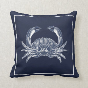 Nautical Crab Navy Blue White Throw Pillow