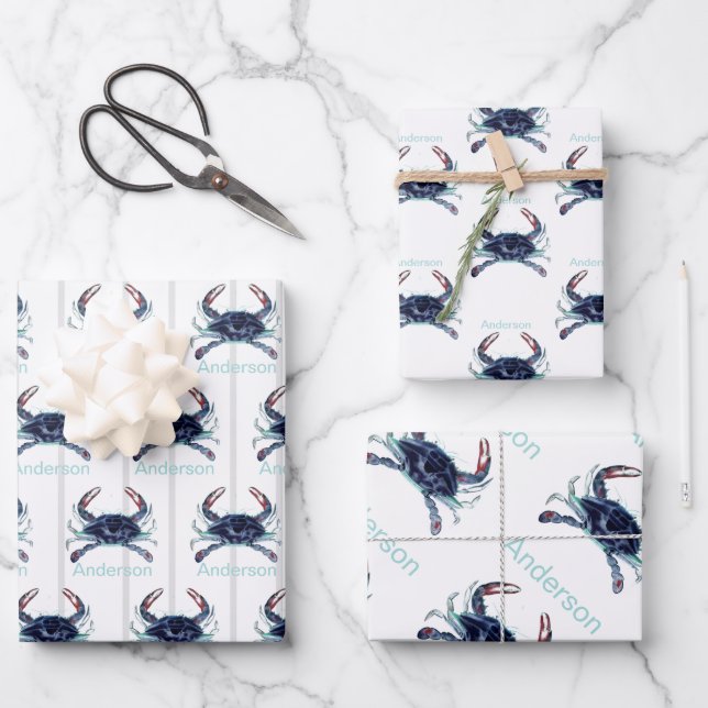  Nautical Crab Ocean Navy Blue, Teal   Wrapping Paper Sheets (Front)