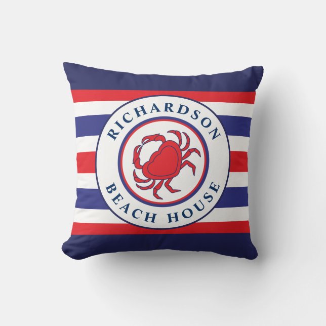 Nautical Crab Red Dark Blue Stripes Family Name Throw Pillow (Front)