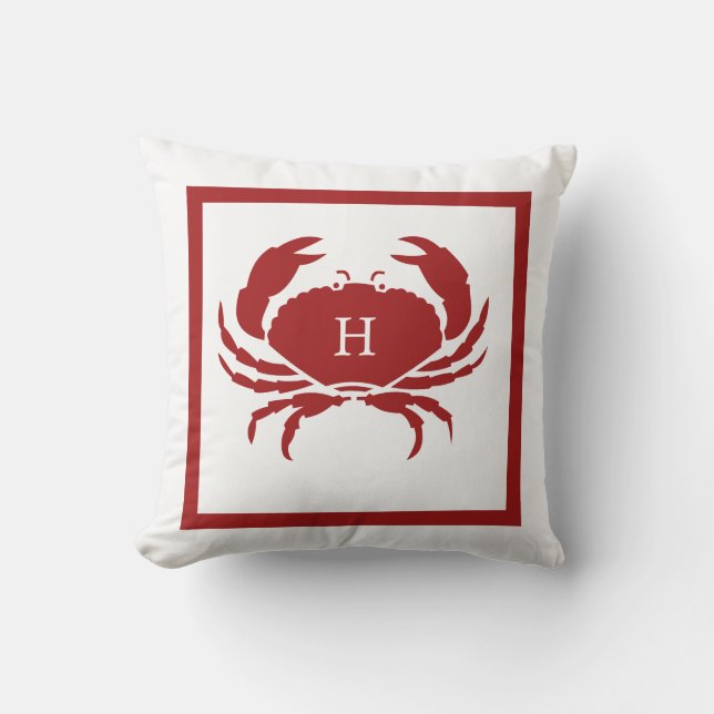 NAUTICAL CRAB Red White coastal  Outdoor Pillow (Front)