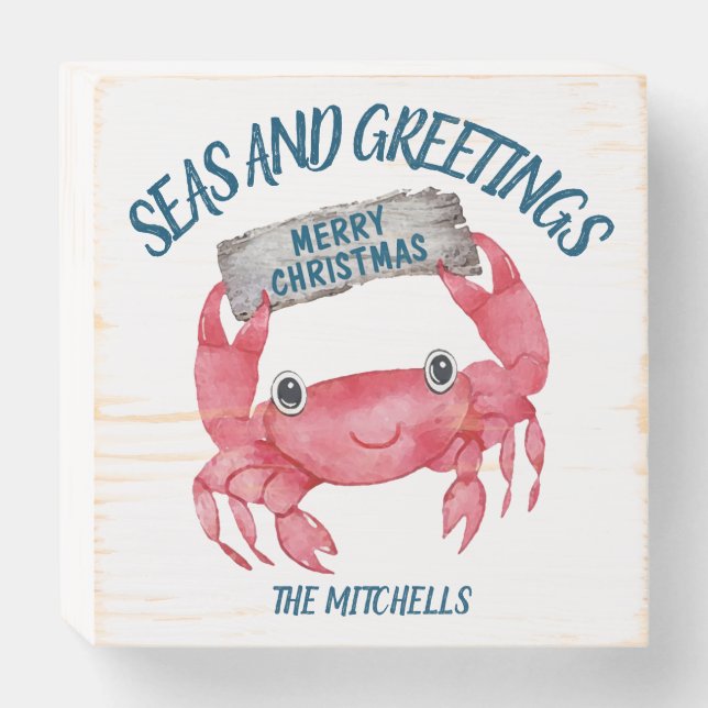Nautical Crab Seas Greetings Holiday Wooden Box Sign (Front Horizontal)