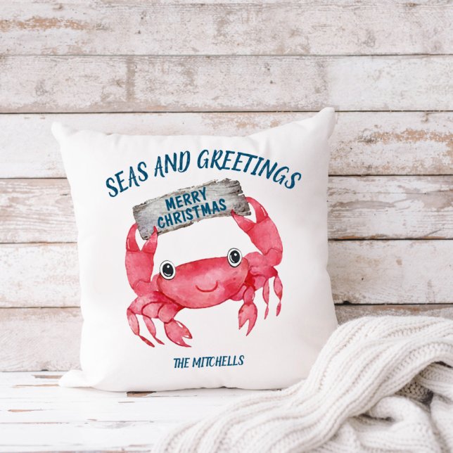 Nautical Crab Seas Greetings Tropical Holiday Throw Pillow (Creator Uploaded)