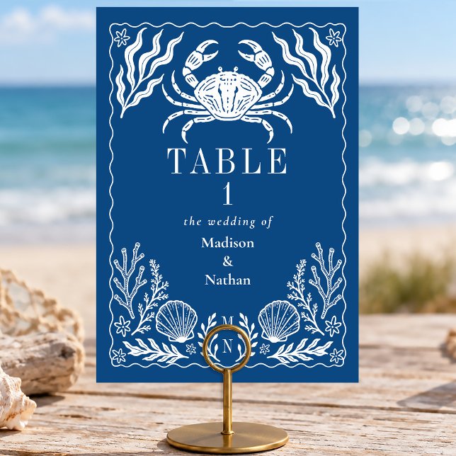 Nautical Crab Shell Ocean Beach Blue Wedding Table Number (Creator Uploaded)