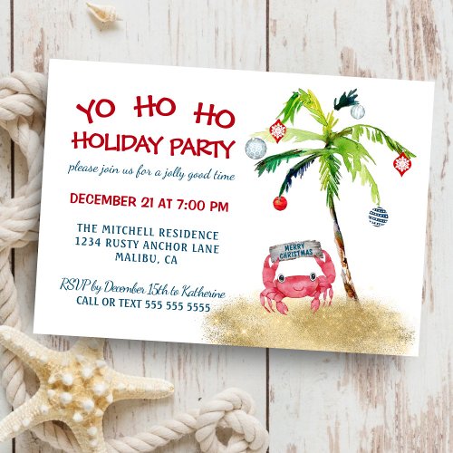 Nautical Crab Tropical Palm Coastal Christmas Invitation