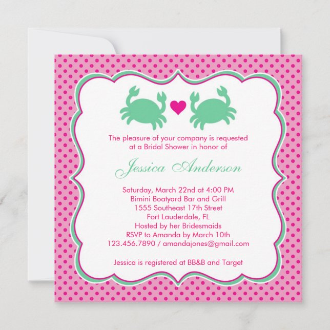 Nautical Crabs Bridal Shower Pink/Green Invitation (Front)