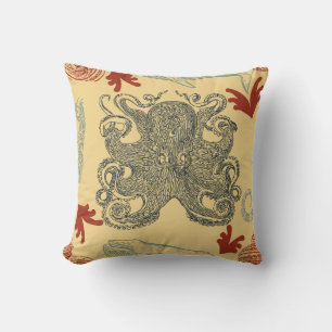 Nautical Crème Octopus Sea Monster Illustration Throw Pillow