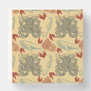 Nautical Crème Octopus Sea Monster Illustration Wooden Box Sign