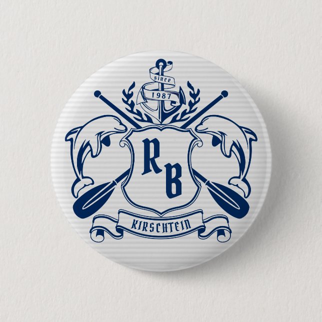 Nautical Crest Dolphins Anchor Oars Laurel Shield Button (Front)