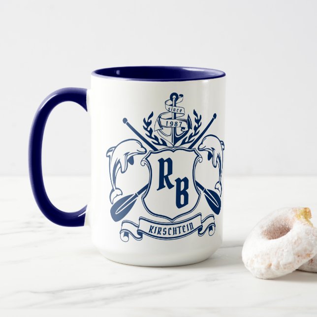 Nautical Crest Dolphins Anchor Oars Laurel Shield Mug (With Donut)