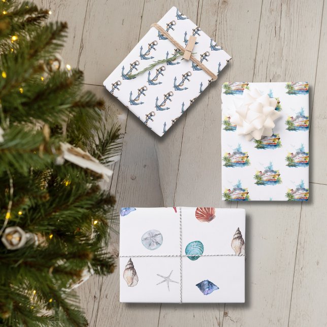 Nautical Cruise Ship, Anchor, and Seashells Wrapping Paper Sheets (Cruise wrapping paper for Christmas or anytime of the year)