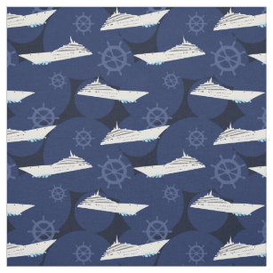Nautical Cruise Ships Modern Blue White Pattern Fabric