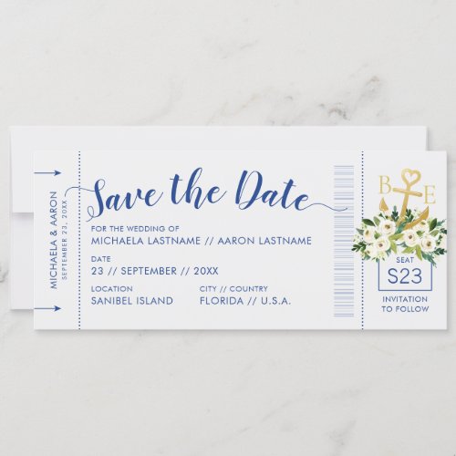 Nautical Cruise Wedding Boarding Pass Save Date Announcement