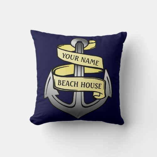 Nautical Custom Beach House Anchor with Name Throw Pillow