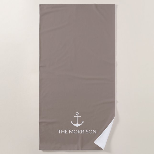 Nautical Custom Boat Name anchor greige beige Beach Towel (Front)