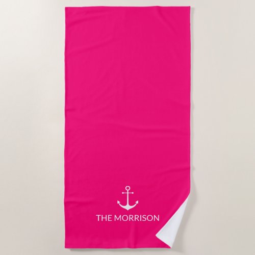 Nautical Custom Boat Name anchor hot pink fuchsia Beach Towel