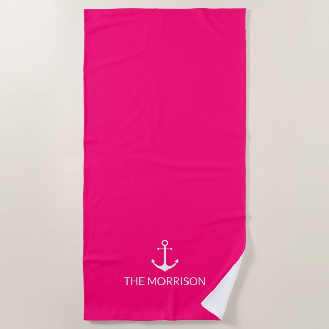 Nautical Custom Boat Name anchor hot pink fuchsia Beach Towel (Front)
