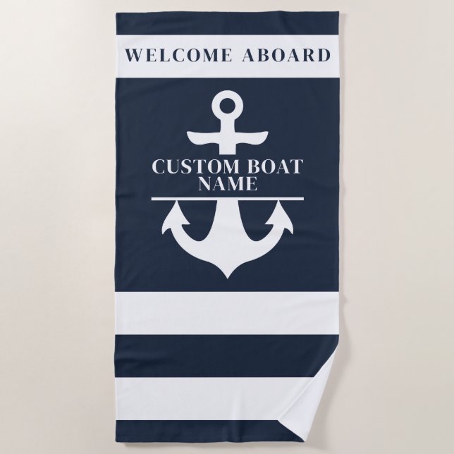 Nautical Custom Boat Name Anchor Navy Striped  Beach Towel (Front)