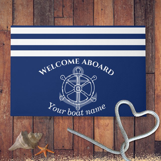 Nautical Custom Boat Name Anchor Wheel Navy Blue  Doormat (Creator Uploaded)