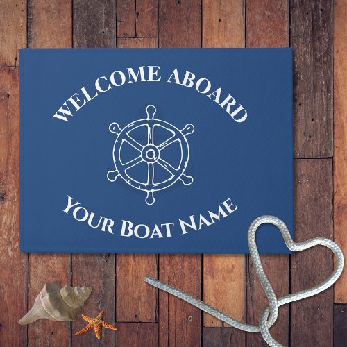 Nautical Custom Boat Name Anchor Wheel Navy Blue Doormat