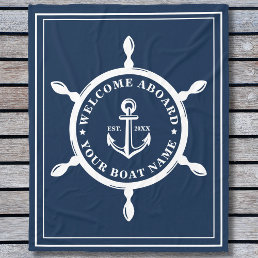 Nautical Custom Boat Name Anchor Wheel Navy Blue Fleece Blanket